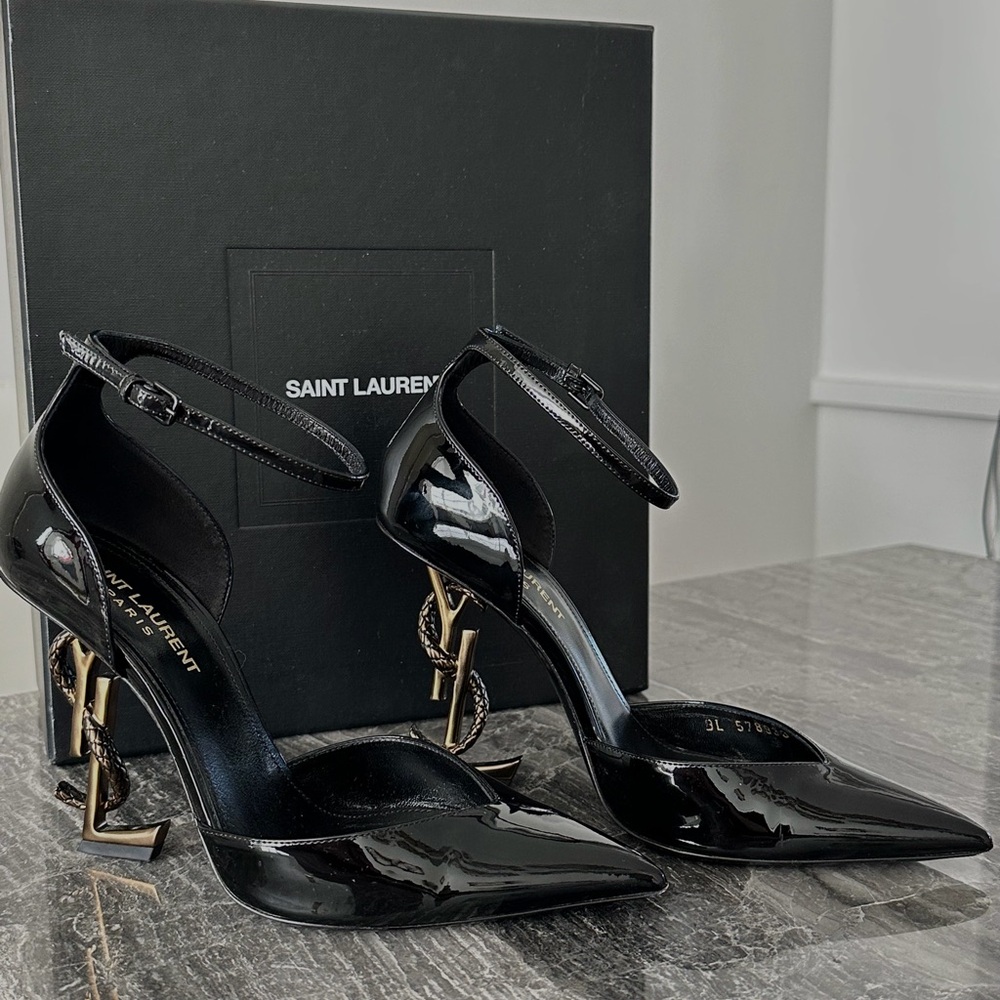 Saint Laurent Black Patent Heels with Gold Accent